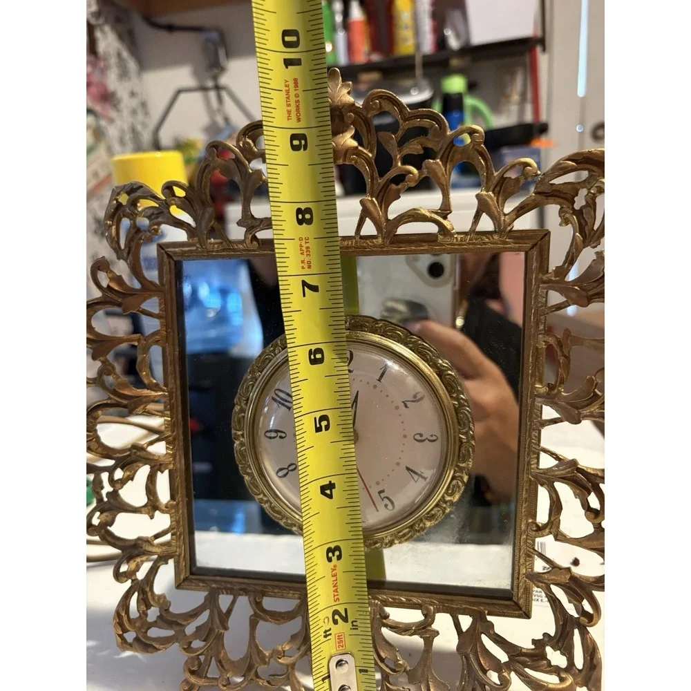 Vintage Hollywood Regency Gold Ornate Mirror Clock Electric Alarm WORKING USA